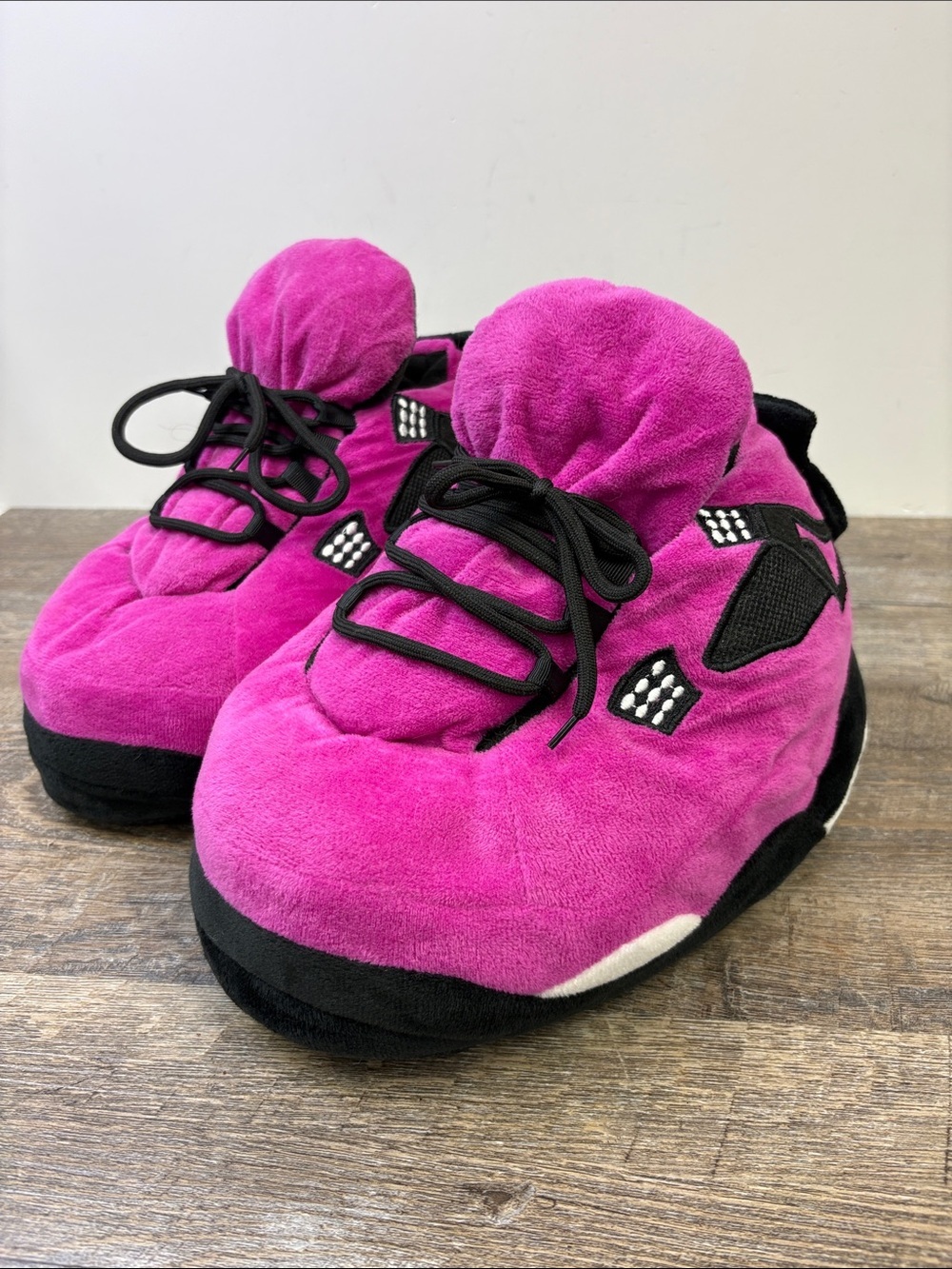 Novelty Plush Sneaker Slippers – Fuchsia & Black Oversized Shoe Slippers O/S